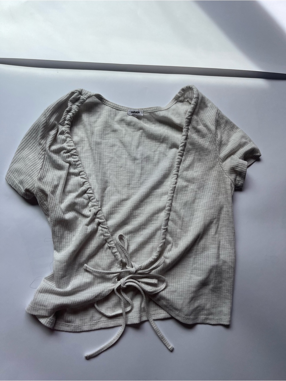 Garage Cream Ribbed Tie-Back Short Sleeve Top with Front Drawstring